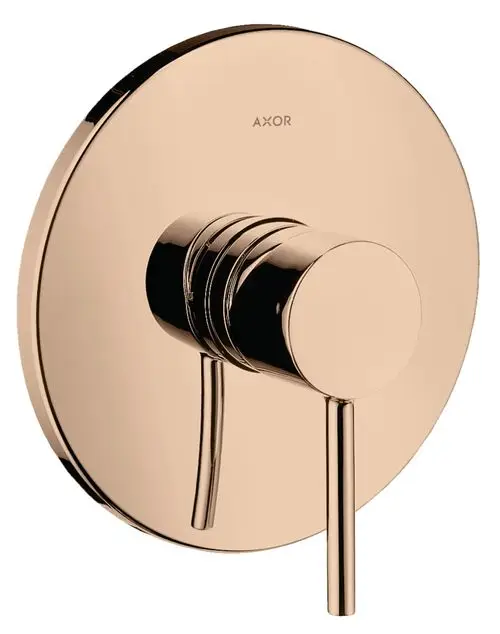 Wandmontierter Mischbatterie von AXOR in poliertem Rotgold mit zwei Griffen zur Temperatur- und Wassermengenregulierung. Runde, flache Wandplatte.